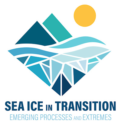 Stylized logo of sea ice and ocean with geometric ice floes beneath waves, mountains and a sun above, with the text “Sea Ice in Transition – Emerging Processes and Extremes.”