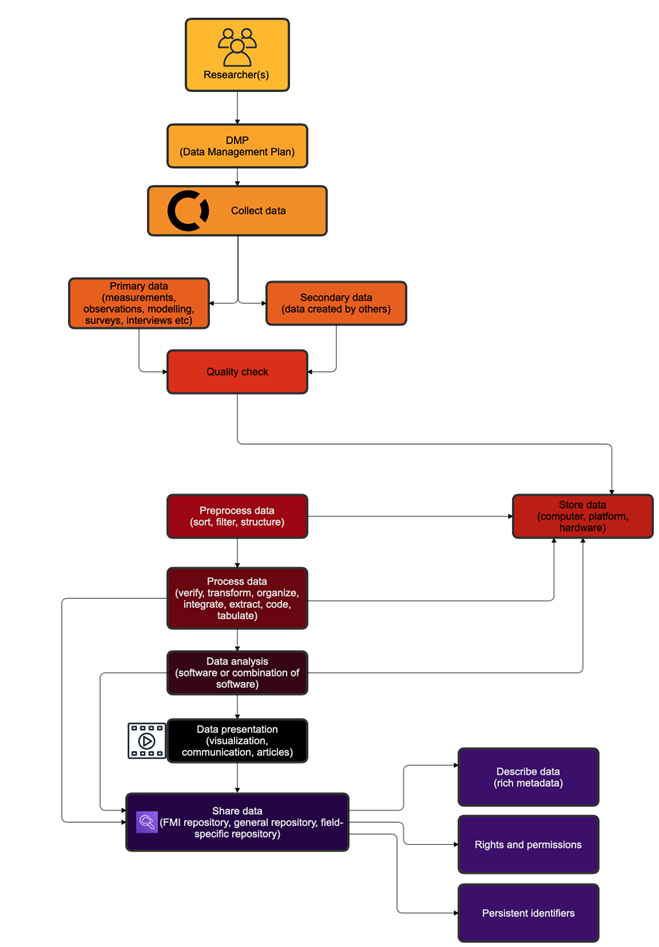 There are multiple steps that research data goes through during a lifetime of a project.