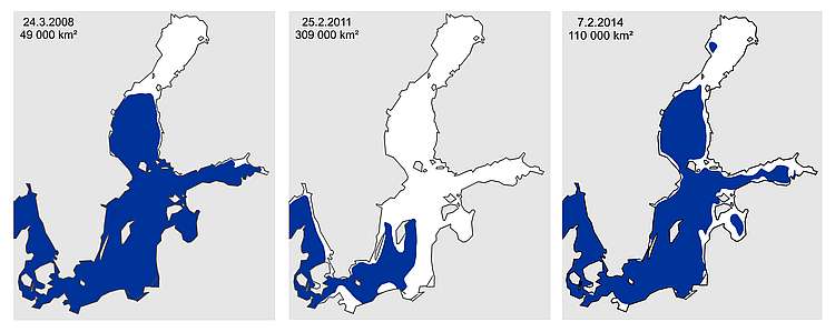 3 charts of different ice seasons 2008, 2011 and 2014.