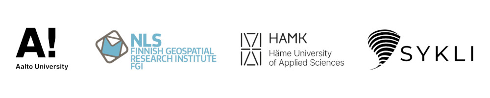 The logos of Digital CityCarbon 2.0 project's cooperators: Aalto University, Finnish Geospatial Research Institute, Häme University of Applied Sciences, and Sykli Environmental College.