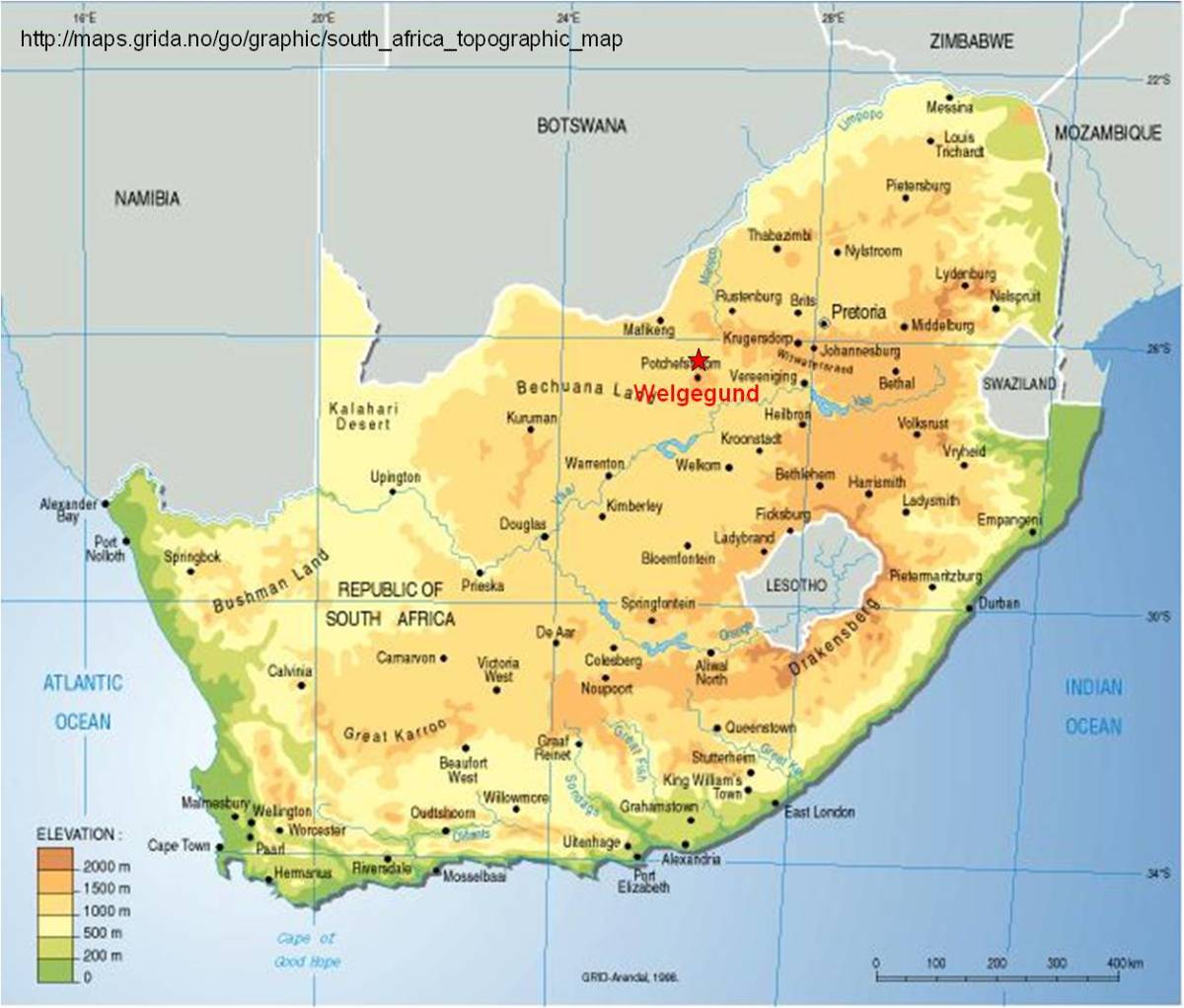 Map of South Africa, Welgegund indicated with a red star.