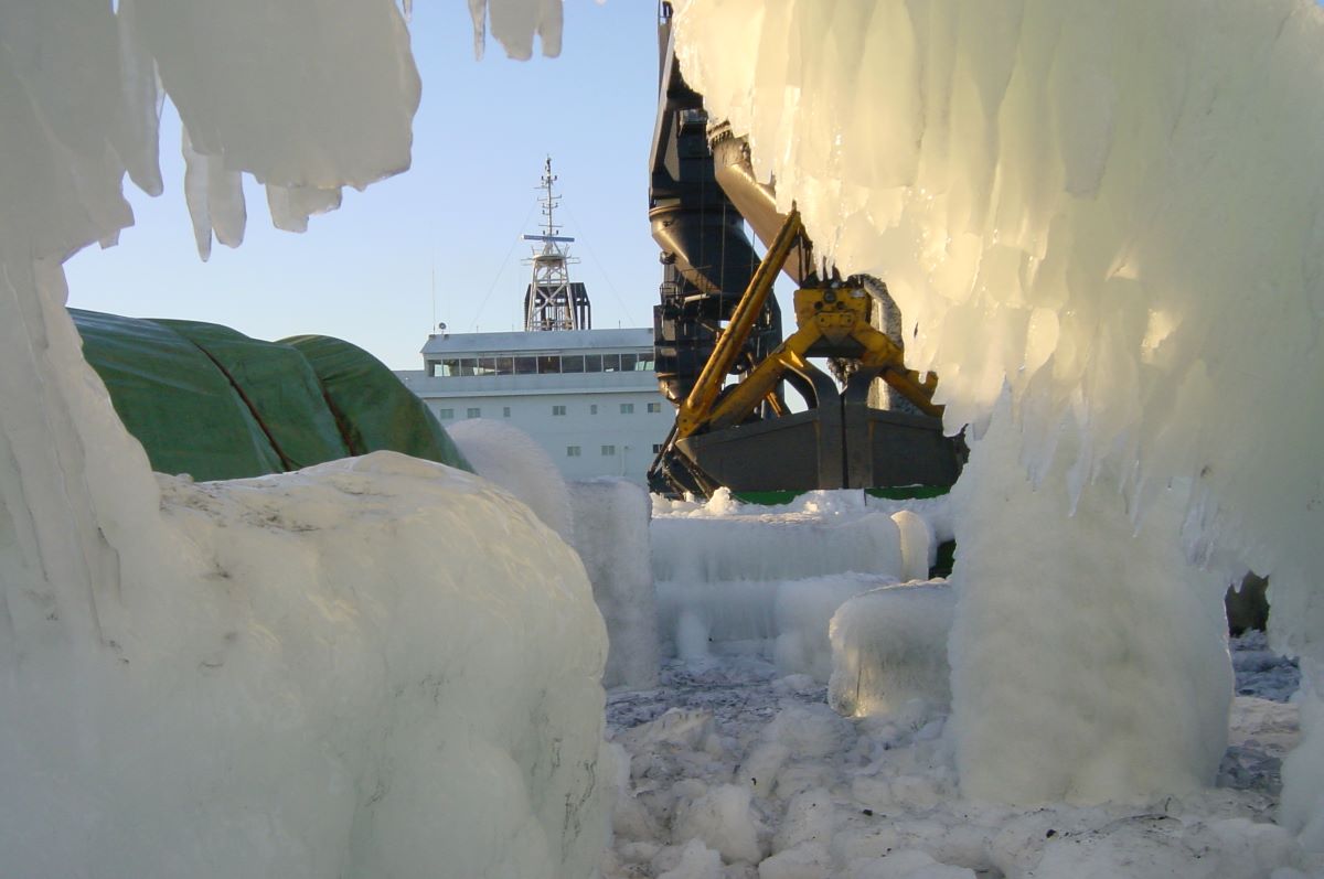 Ship covered with ice.