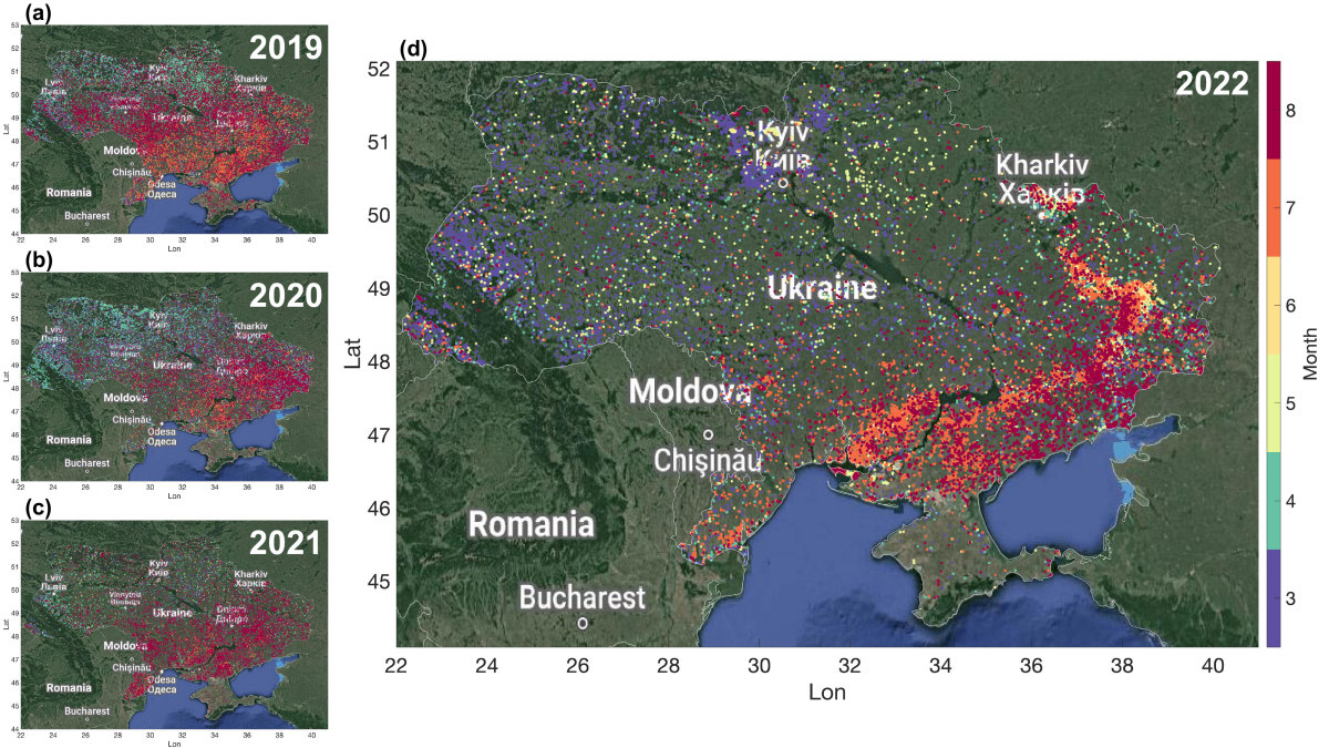 Map of Ukraine with fire detections in 2019, 2020, 2021 ja 2022. In 2022 the fires are close to the frontline of the war.