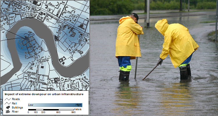 Map of the impact of extreme downpour on urban infrastructure and maintance staff opening up a storm sewer on a flooded street.