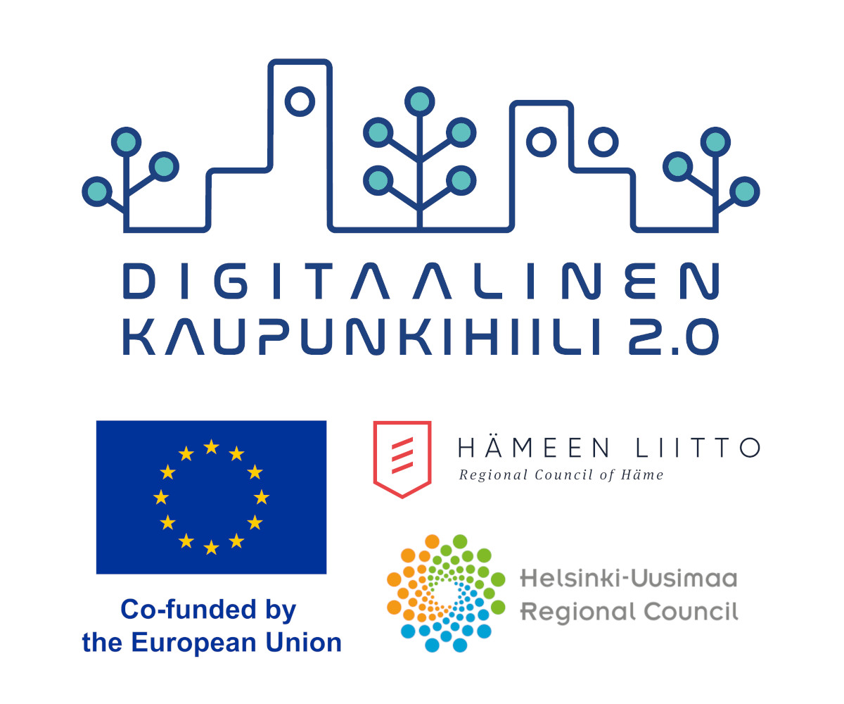 Compilation of logos related to Digital CityCarbon 2.0 project: project logo, EU co-funding logo, Regional Council of Häme logo, and Helsinki-Uusimaa Regional Council logo.