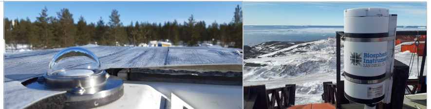 Left: Brewer spectroradiometer diffuser in Sodankylä, Right: GUV radiometer in Marambio, Antarctica