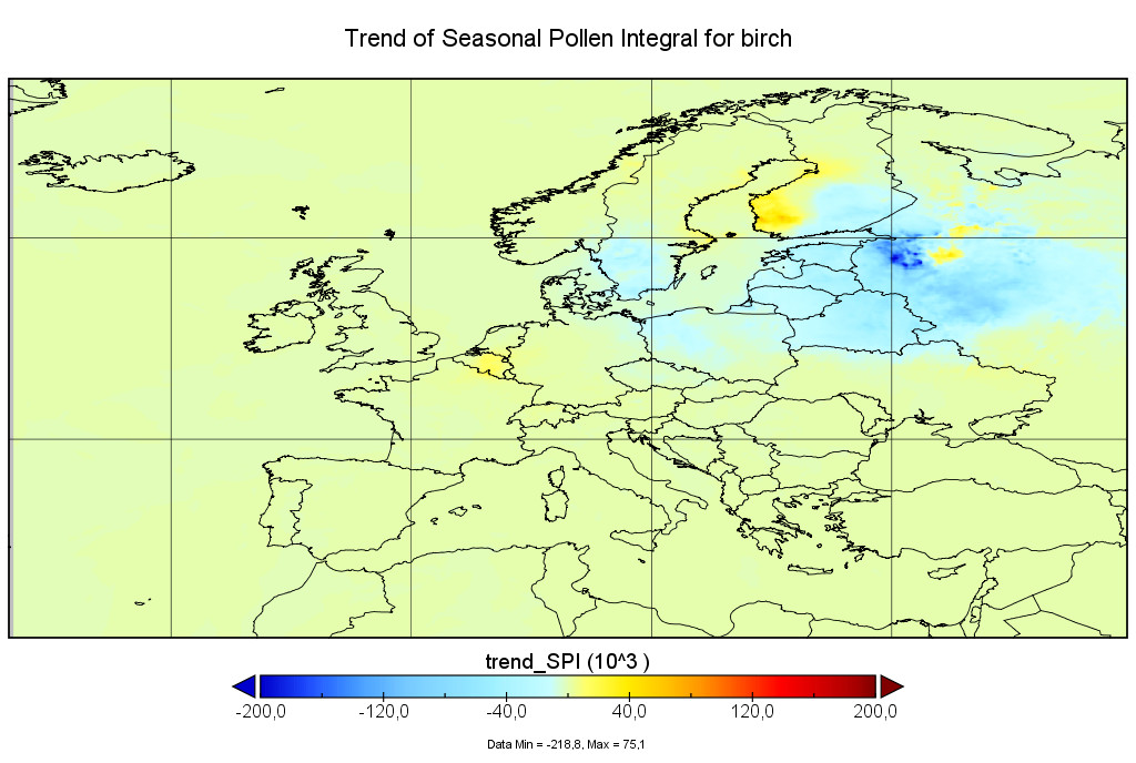 The map shows the seasonal pollen trend changes for birch in Europe. Higher increases are observed in Western Finland and some areas in Russia, while decreasing trends are seen in Southern Sweden and the Baltic countries.