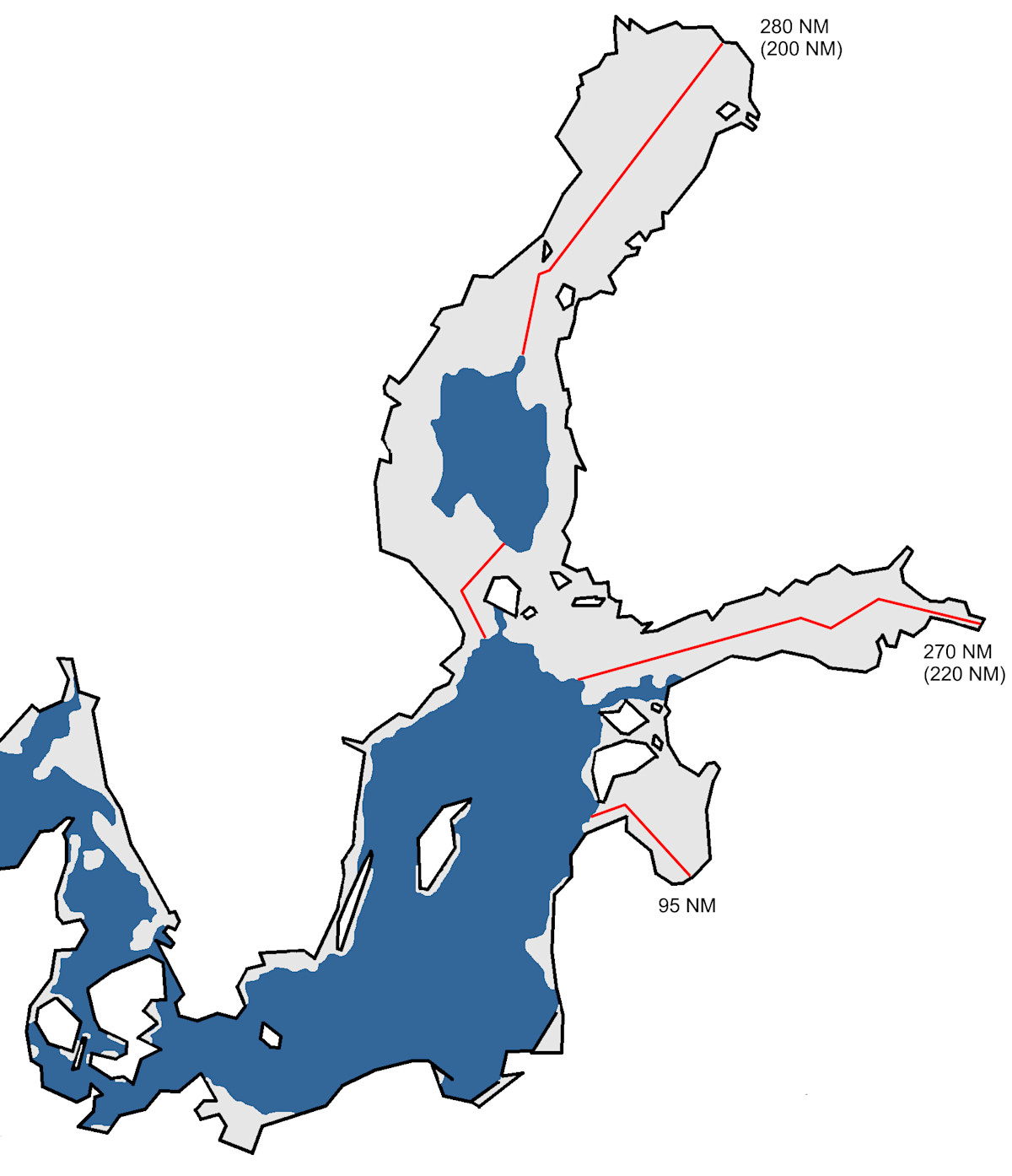 Chart of the largest ice extent in the Baltic Sea. Bay of Bothnia, Quark, Archipelago Sea, Gulf of Finland and Gulf of Riga are covered by ice. In the Sea of Bothnia there is an open water area. Elsewhere there is ice near the shores.