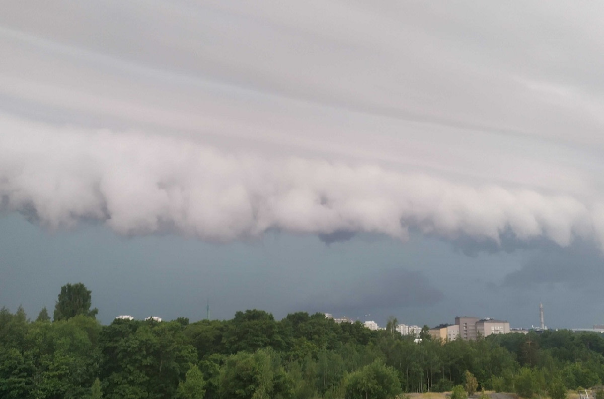 A dark horizon with lighter sausage-like cloud in front of it under a thunderstorm cloud.