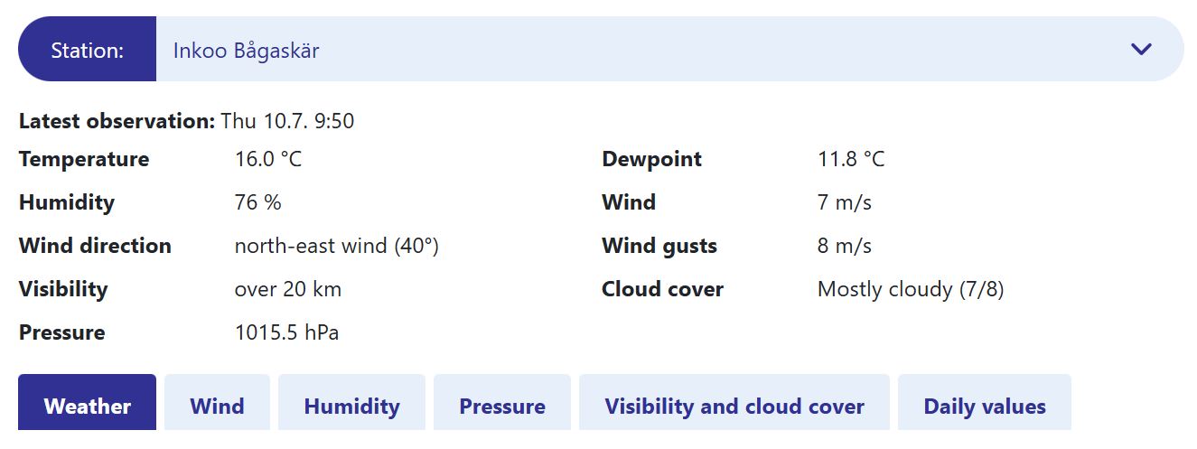 Example about observation stations information on the web page. Station can be selected and parameters it has measured, are listed.
