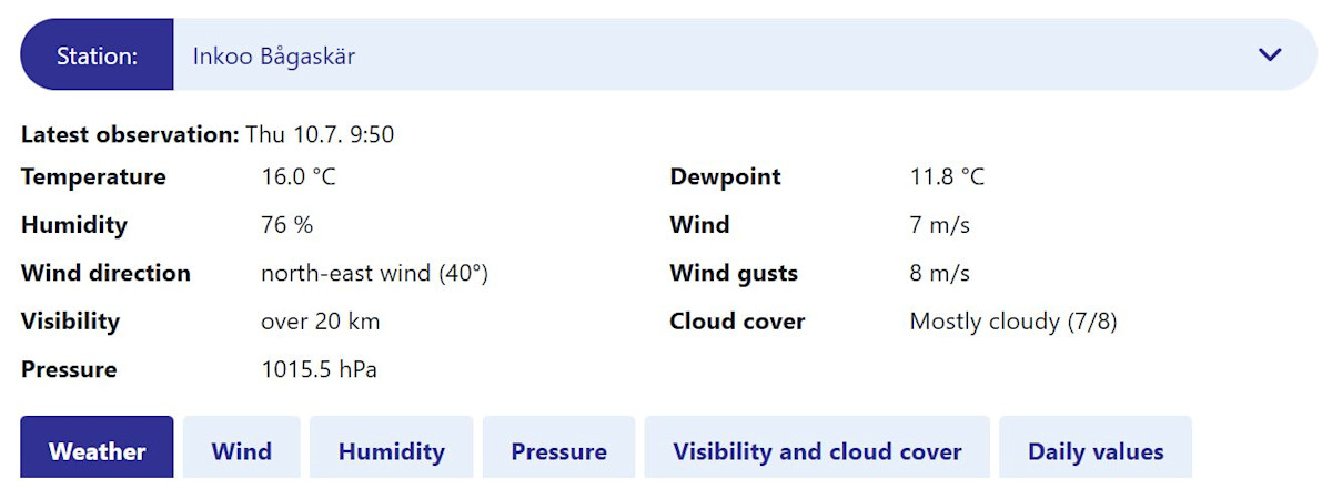 Example about observation stations information on the web page. Station can be selected and parameters it has measured, are listed.