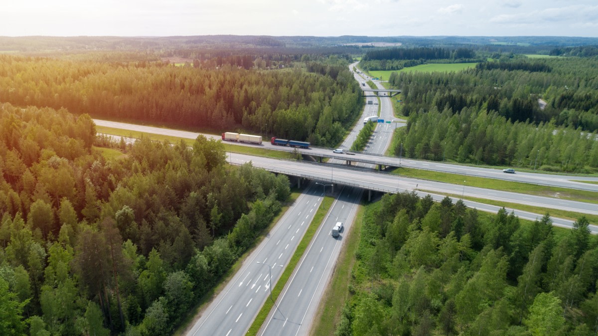  In the picture, a summer aerial view of a pedestrian bridge with traffic.