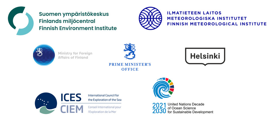 Logos of the organisers: Finnish Environment Institute, Finnish Meteorological Institute, Ministry of Foreign Affairs of Finland, Prime Minister's Office, City of Helsinki, ICES and UN Decade of Ocean Science.