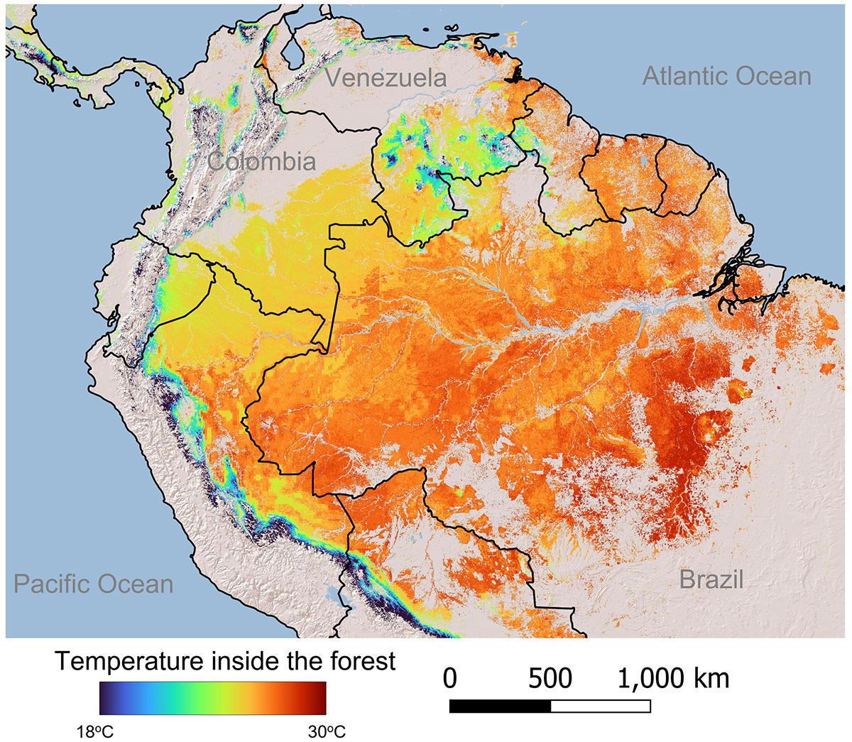 A map of the northern part of South America. Color scale shows that in the inner part of the land the temperature can be up to 30 degrees Celsius, in the border areas near the Pacific Ocean the temperature is lower, around 18 degrees Celsius.
