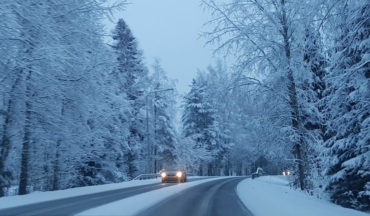 Photograph of a snowy road winding through a forest with trees.
