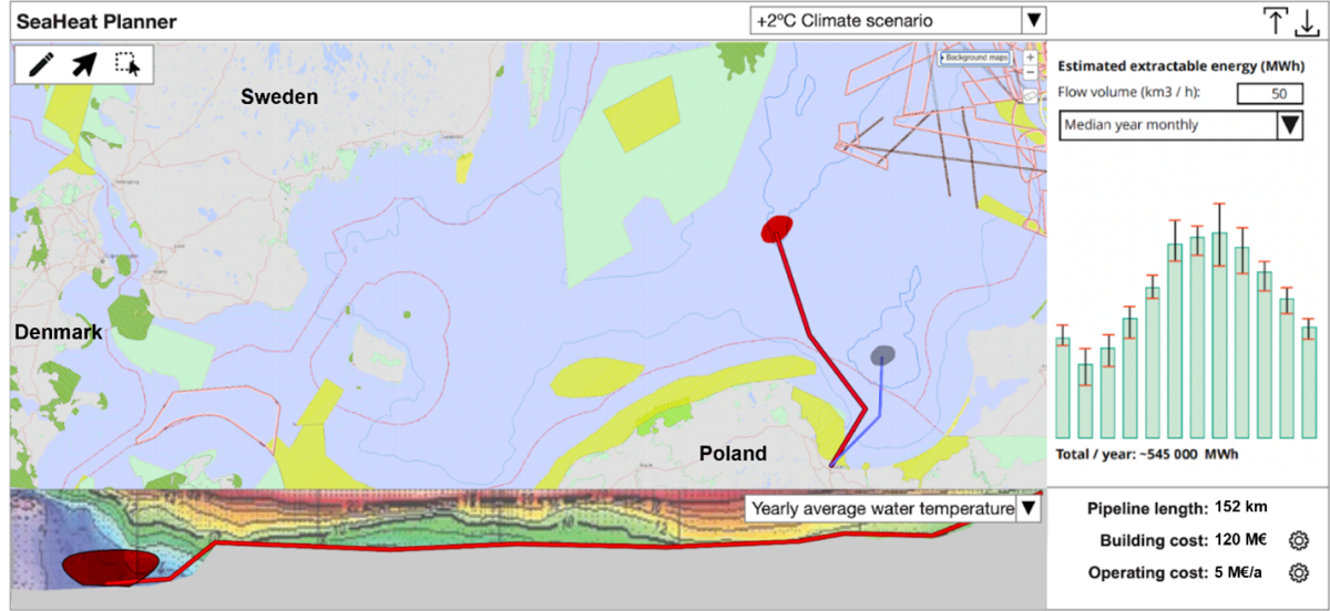 Map illustration showing the draft of software interphase. Map includes information for example about estimated extractable energy, pipeline length and and building and operationg costs.