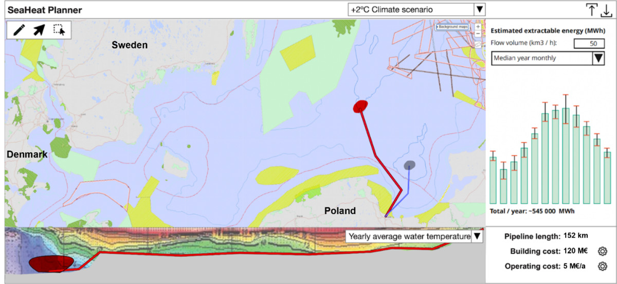 Map illustration showing the draft of software interphase. Map includes information for example about estimated extractable energy, pipeline length and and building and operationg costs.