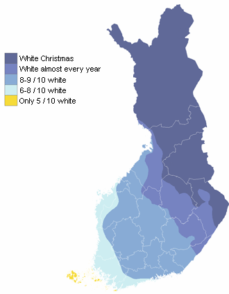 Statistical map of white christmas in Finland
