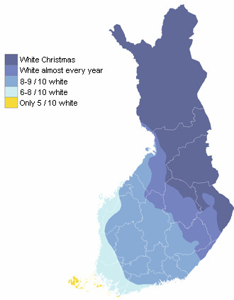Statistical map of white christmas in Finland