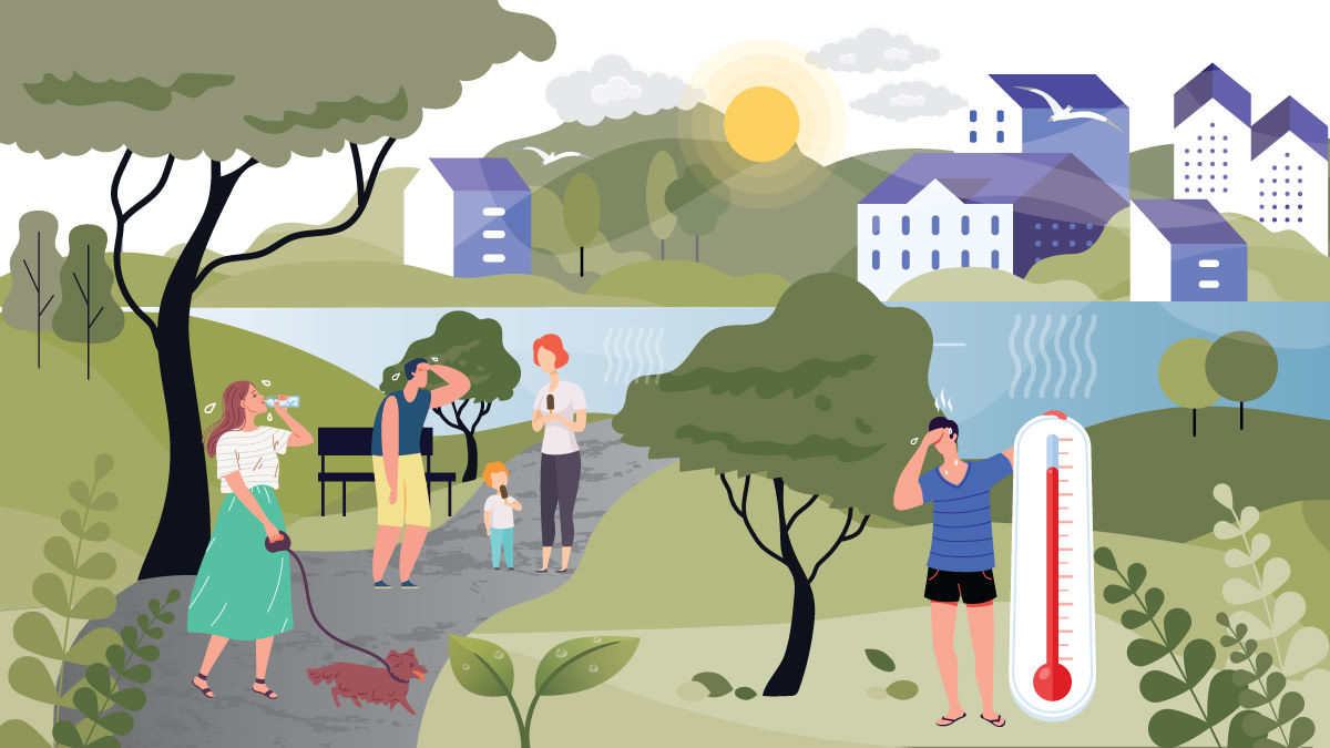 Humans and dog are hot when the sun shimmeres hotly. It is calm and moist.