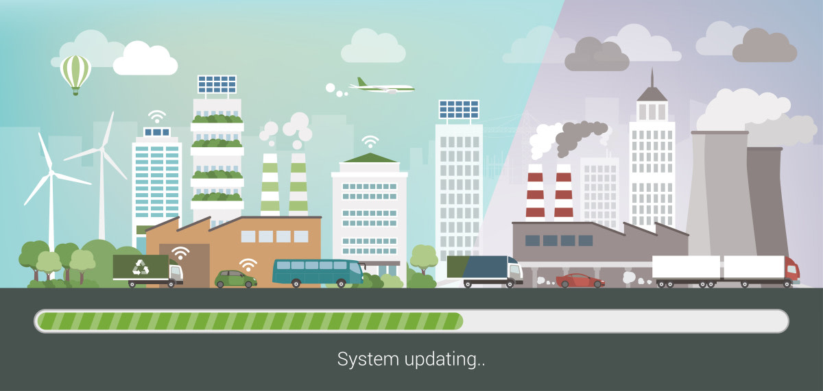 There are many ways to make a city more sustainable, in the image are pictured renewable energy, urban green areas, smart traffic and energy production