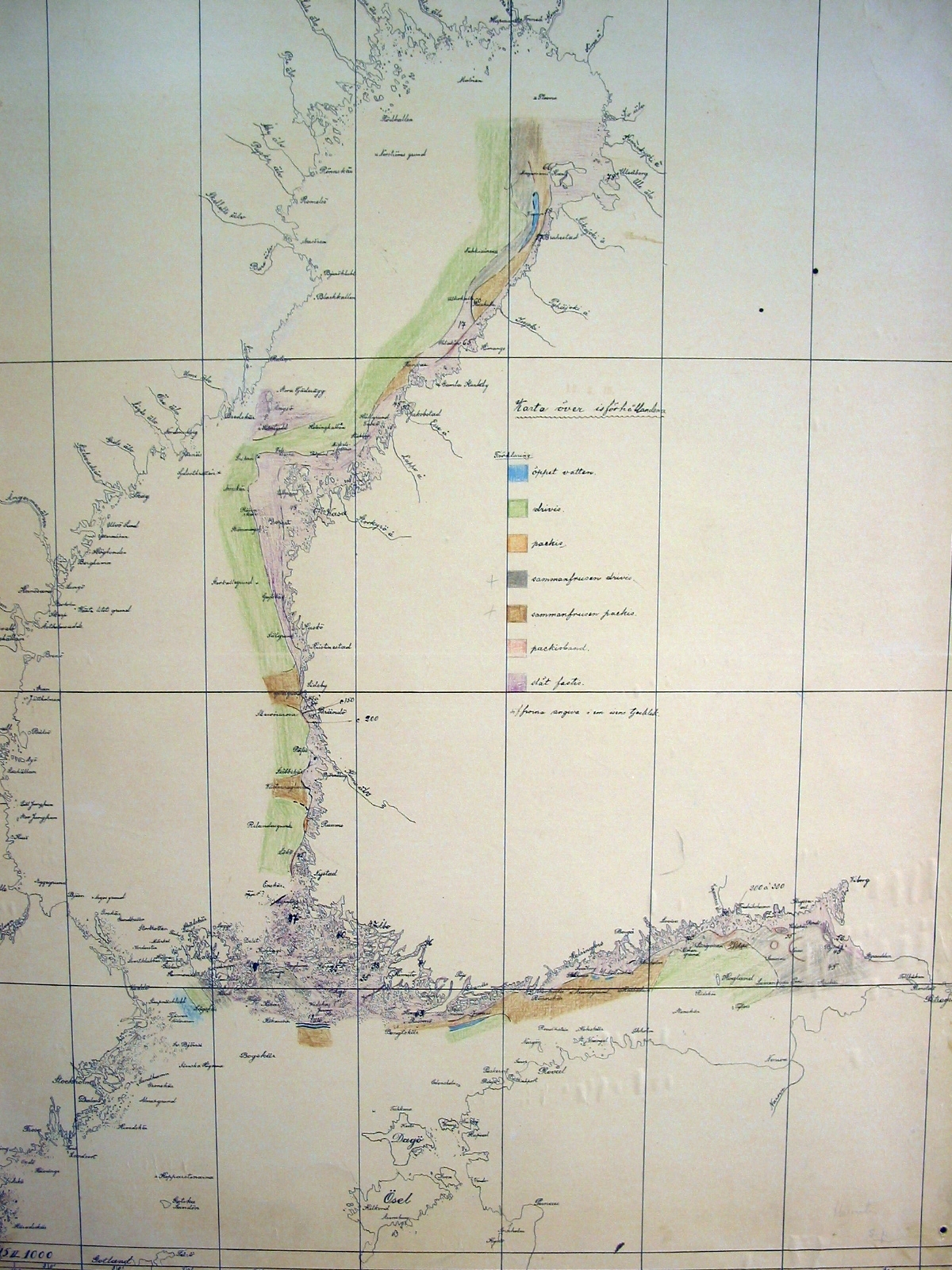 A chart about the Baltic ice conditions drawn with color pens.
