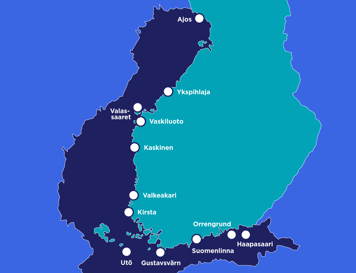Places on a chart: Ajos, Ykspihlaja, Valassaaret, Vaskiluoto, Kaskinen, Valkeakari, Kirsta, Utö, Gustavsvärn, Suomenlinna, Orrengrund and Haapasaari.