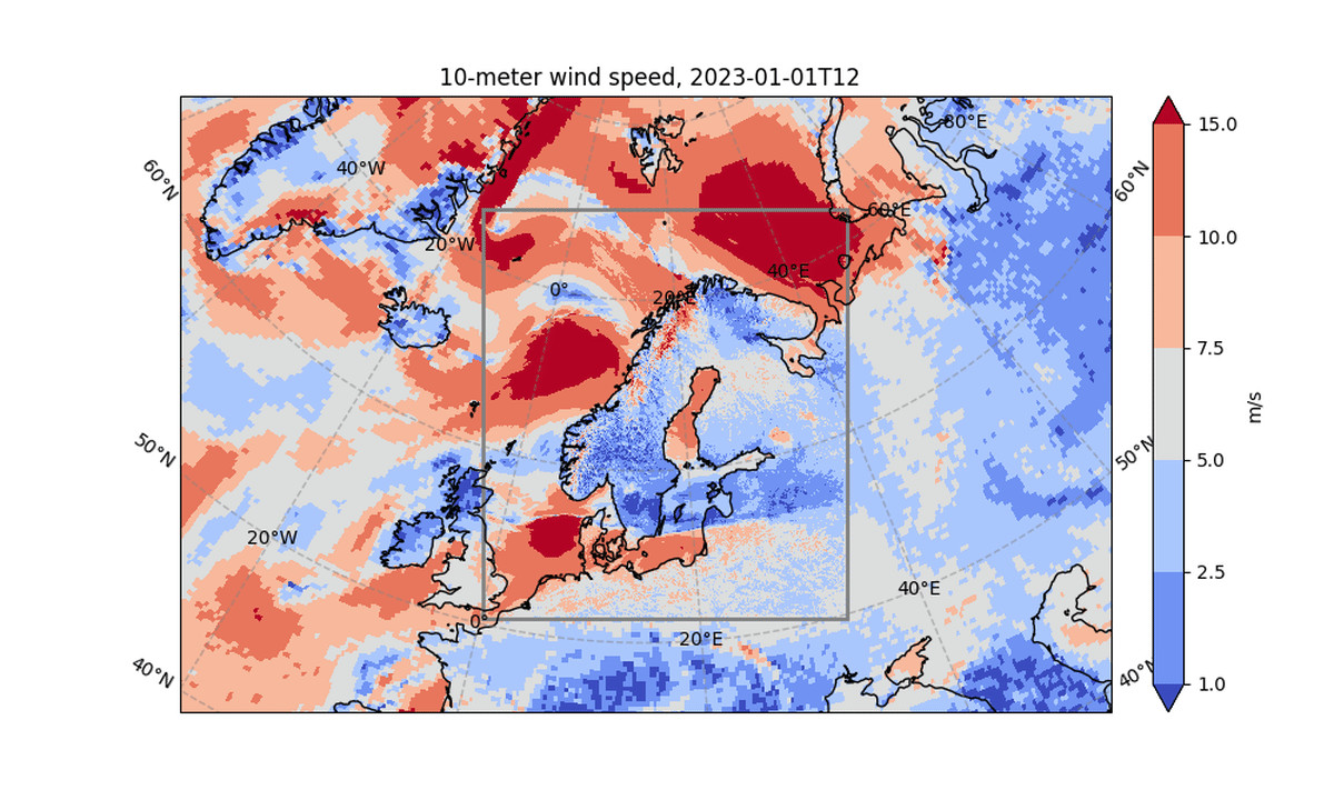 Map displaying 10-meter wind speed across Northern Europe and surrounding areas on January 1, 2023, using a color scale from blue (1.0 m/s) to red (15.0 m/s).