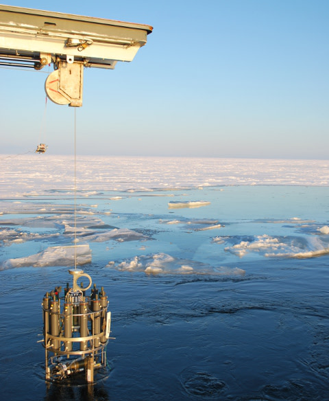 CTD measurements on partially ice-covered sea. 