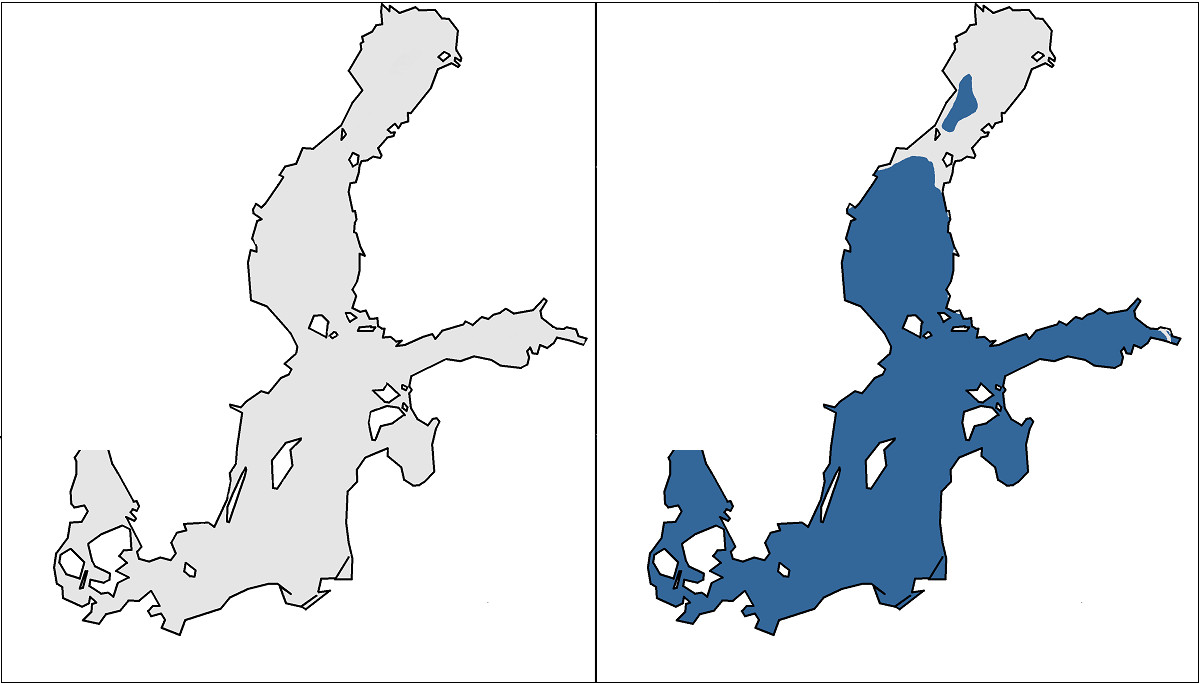 On the first chart the whole Baltic Sea is covered by ice. On the second chart only the Bay of Bothnia is partly covered by ice.
