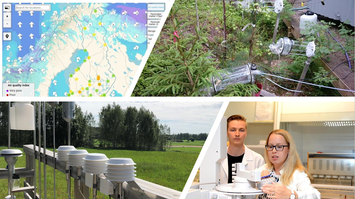 Neljän kuvan kollaasi ilmanlaadun laboratorion toiminnoista: Kuvakaappaus Ilmatieteen laitoksen Ilmanlaatu nyt-sivusta, kuvia ilmanlaadun kenttämittauksista ja laboratoriotyöskentelystä.