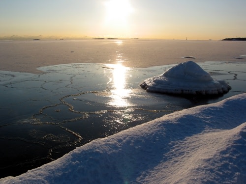 Ice near the shore and open water after the ice.