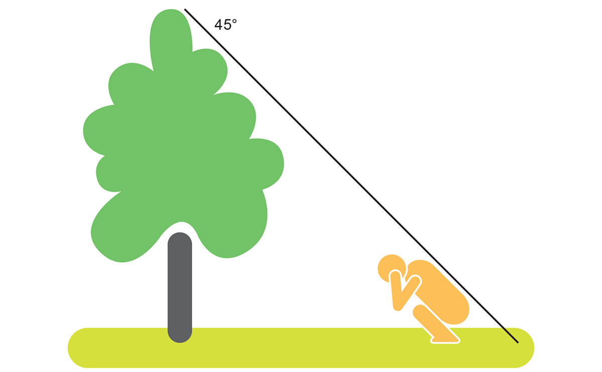Illustration of a person crouching at a distance equal to the height of the tree with hands covering ears.