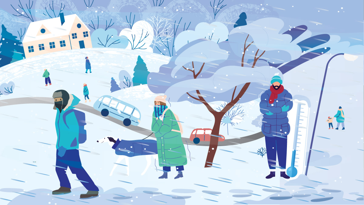 People have a lot of clothing, scarves in front of the face and thick beanies. It is windy and very cold.