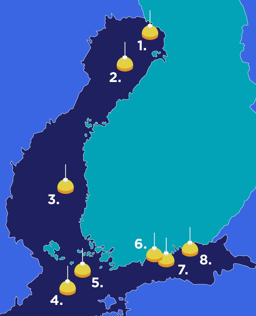 Wave buoy locations on the chart. Number 1 is most north and number 8 most east.